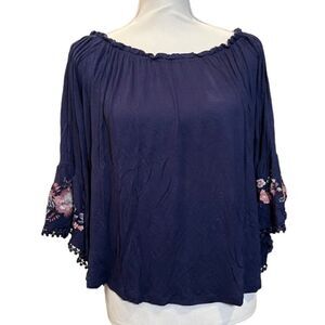 Altar'd State Floral‎ Embroidered Bell Sleeve Navy Top With Ball Trim Size Small